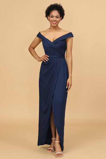 Navy Off The Shoulder Satin Sheath Bridesmaid Dress